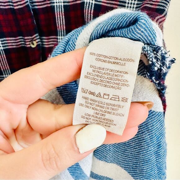 FP FREE PEOPLE Silver Sequin Bead Oversized Red Flannel Plaid Button Shirt XS - Picture 11 of 16